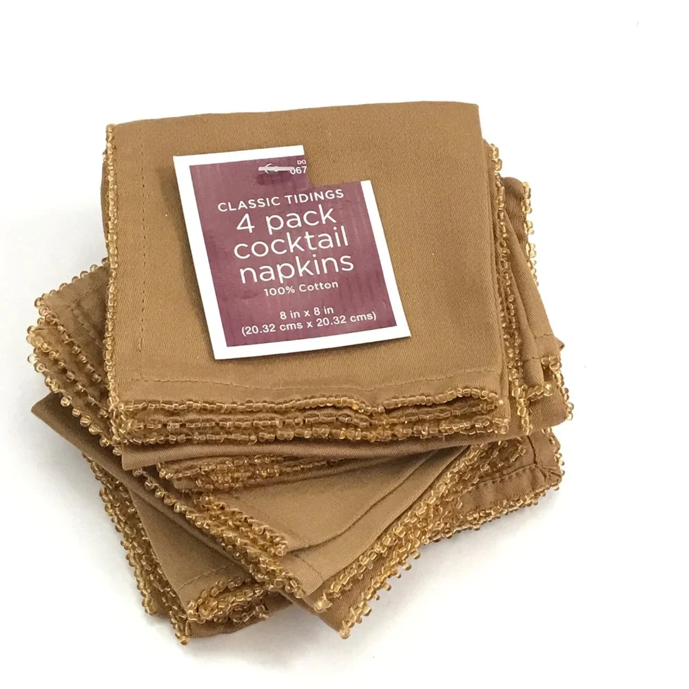 Cotton Beaded Cocktail Napkins Golden Tan Set of 12